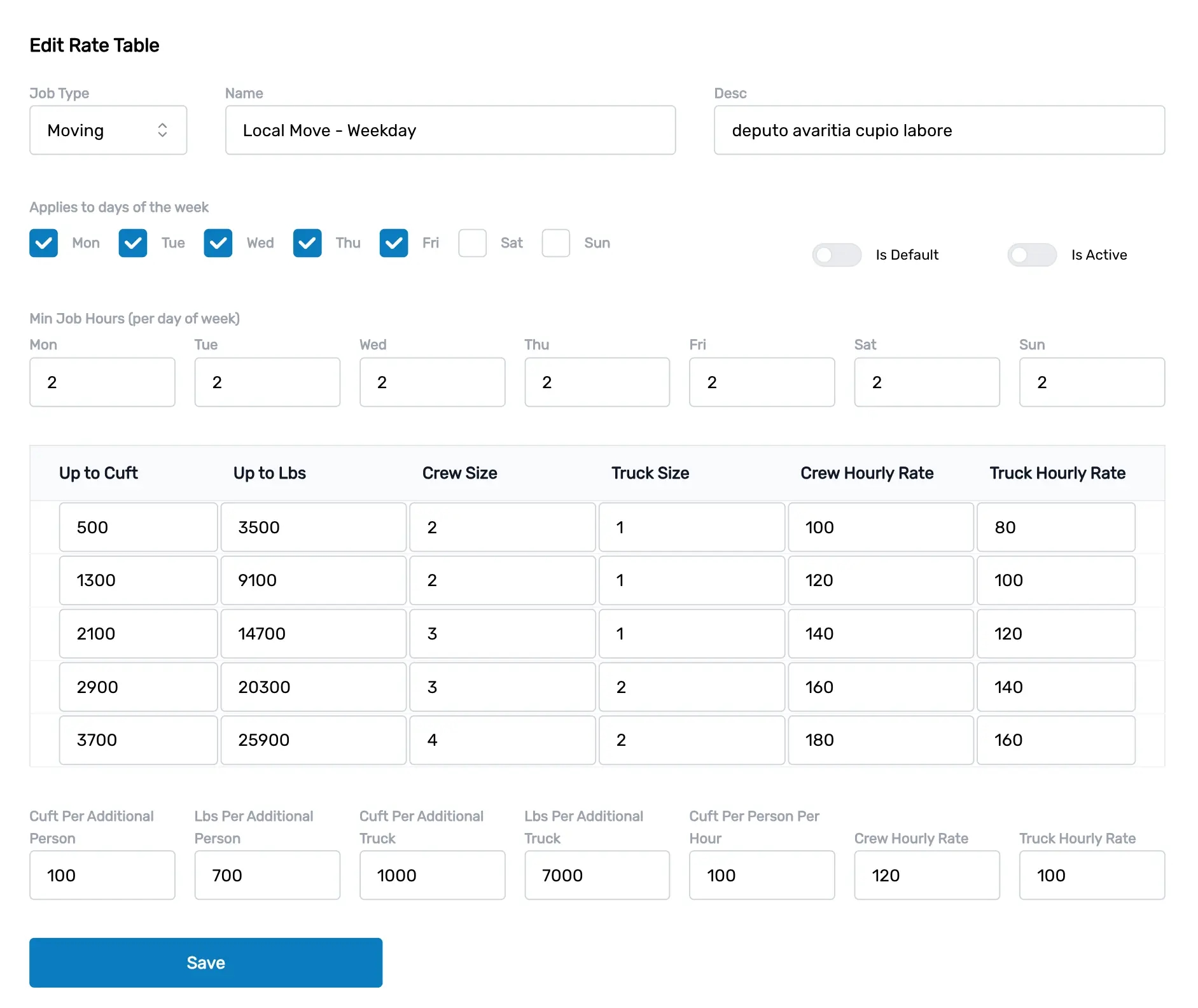 interface of pricing engine generating estimates