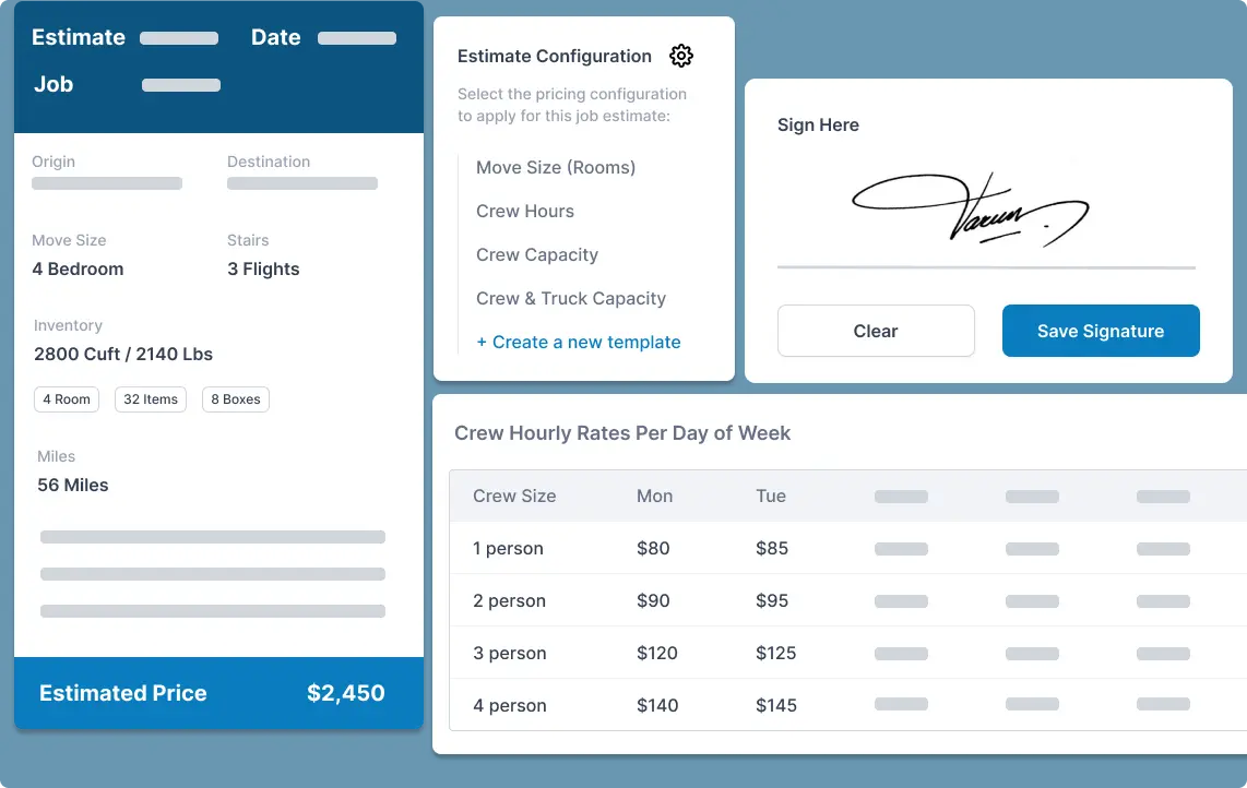 A moving company manager using software to create estimates on a laptop